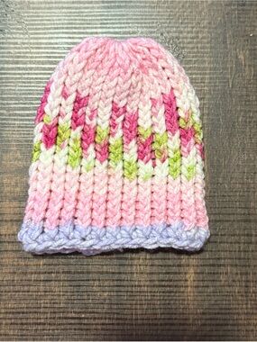 Kids Pink Knit Beanie Hat with Multicolor Accents